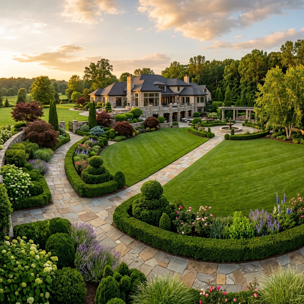 Golden hour landscape design with stone pathways